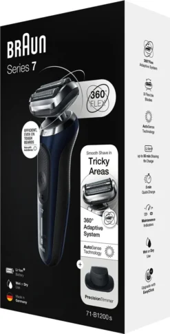 Braun Series 7 71-B1200s, Folienschaber, 360° Flex, Edelstahl, Tasten, Blau, LED -Körperpflege Store 0792aa2857365c03fa409f026f8df799