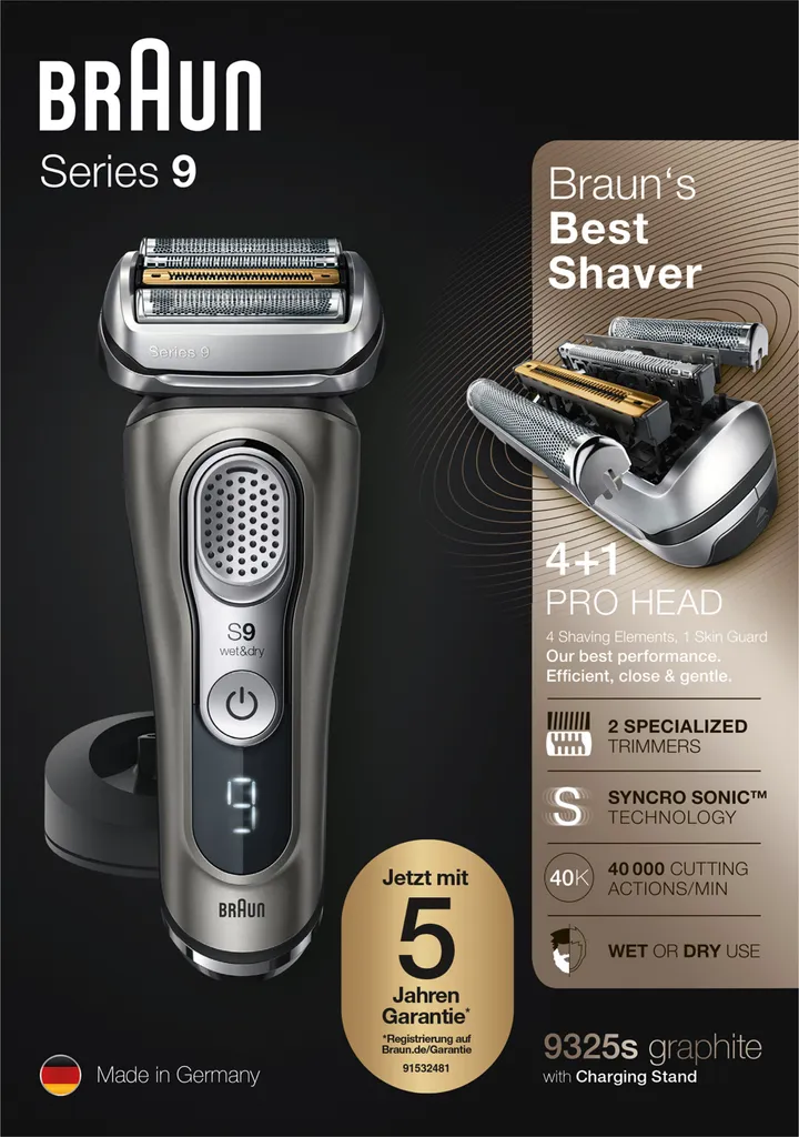Braun Series 9 9325s + Elektrischer Rasierer Mit 20% Längerer Akku-Laufzeit, Ladestation, Wet&Dry Elektrorasierer Herren, Präzisionstrimmer, Grafit 4 Braun Series 9 9325s + Elektrischer Rasierer Mit 20% Längerer Akku-Laufzeit, Ladestation, Wet&Dry Elektrorasierer Herren, Präzisionstrimmer, Grafit – Bild 2