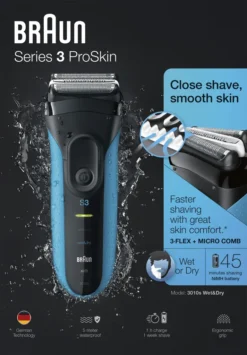 Braun Series 3 ProSkin 3010s Elektrorasierer, Schwarz/blau – Wiederaufladbarer Rasierer Herren -Körperpflege Store 80ea35ea1566e335200c6aa36243ae20