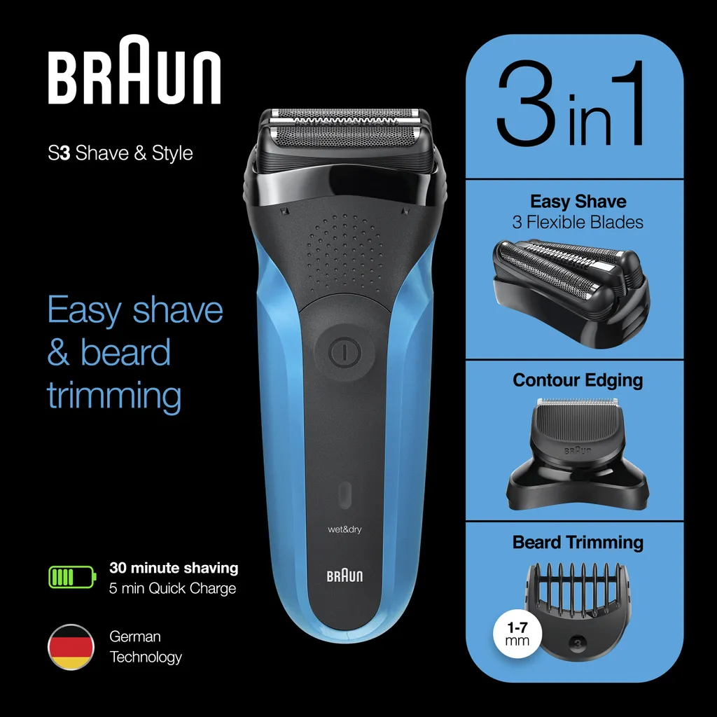 Braun Series 3 Shave&Style 310BT Elektrorasierer, Wet&Dry Rasierer Für Herren, Schwarz/blau 5 Braun Series 3 Shave&Style 310BT Elektrorasierer, Wet&Dry Rasierer Für Herren, Schwarz/blau – Bild 3