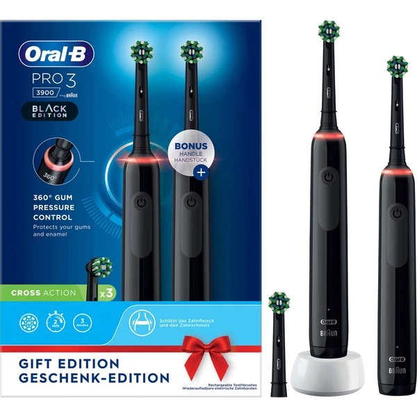 Braun Oral-B Pro 3 3900 Black Edition, Elektrische Zahnbürste (schwarz, Inkl. 2. Handstück)