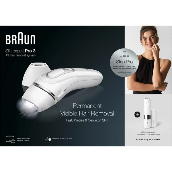 Braun Silk-expert Pro 3 IPL PL3129, Haarentferner (weiß/silber, Inkl. Tasche + Face Mini-Gesichtshaarentferner + Gillette Venus Smooth) 5 Braun Silk-expert Pro 3 IPL PL3129, Haarentferner (weiß/silber, Inkl. Tasche + Face Mini-Gesichtshaarentferner + Gillette Venus Smooth) – Bild 3