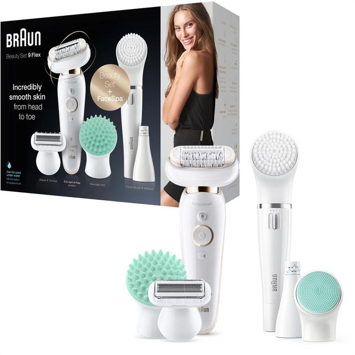 Braun Epilierer Silk-epil 9 Flex 9300 Beauty Set, Kabellos, Wet & Dry, Mit 8 Extras + Braun FaceSpa 3 Braun Epilierer Silk-epil 9 Flex 9300 Beauty Set, Kabellos, Wet & Dry, Mit 8 Extras + Braun FaceSpa