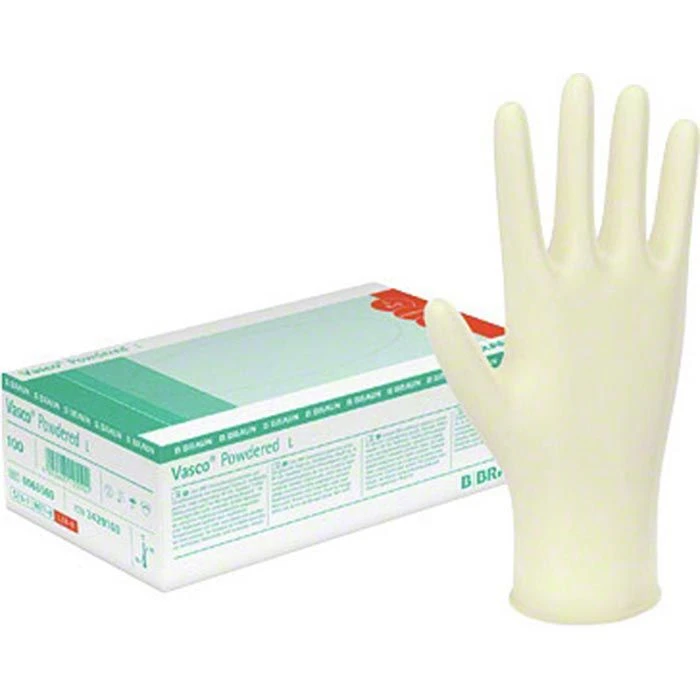 B.Braun Einmalhandschuhe Vasco Powdered 6066569, Latex, Gepudert, Weiß, 100 Stück, Größe L 3 B.Braun Einmalhandschuhe Vasco Powdered 6066569, Latex, Gepudert, Weiß, 100 Stück, Größe L