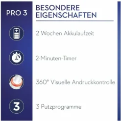 Oral-B Pro 3 80332162, Erwachsener, Rotierende-vibrierende Zahnbürste, Tägliche Pflege, Sensibel, Für Weiße Zähne, Schwarz, Blau, 2 Min, Rund -Körperpflege Store dc19f8d495d50189f9361ff9402c685c